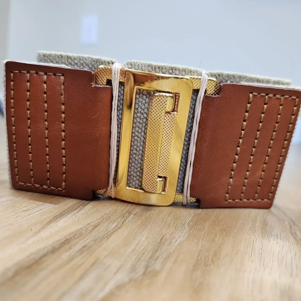 💜Tan w/Gold Toned Interlocking Buckle Wide Elastic Belt
